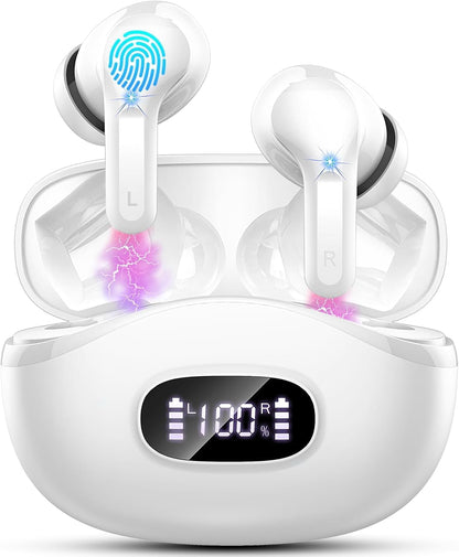 Wireless Earbuds, 2025 Bluetooth Headphones V5.3 HiFi Stereo Ear buds with ENC Noise Cancelling Mics, 40H Bluetooth Earbuds with Dual LED Display, IP7 Waterproof Earphones for Android iOS, White