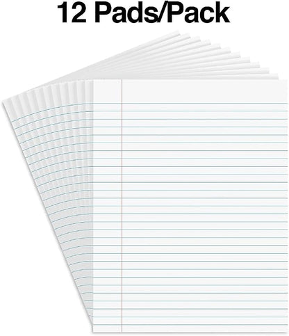 STAPLES Notepads, 8.5” x 11”, Wide Ruled, White, 50 Sheets/Pad, 12‑Pack