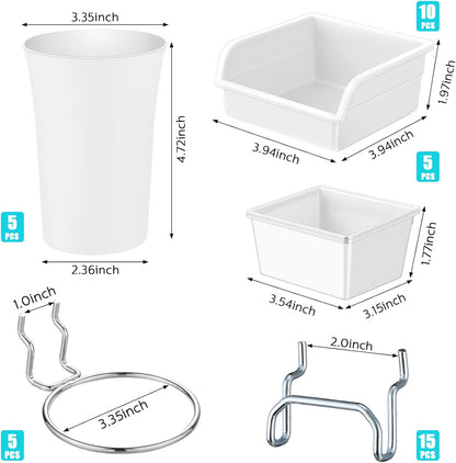 Yookeer 20 Pcs Pegboard Bins and Cups with Hooks and Loops Peg Assortment Organizer Accessories Various Tool Organizer Pegboard Baskets Set for Garage Workshop Workbench Office(White)