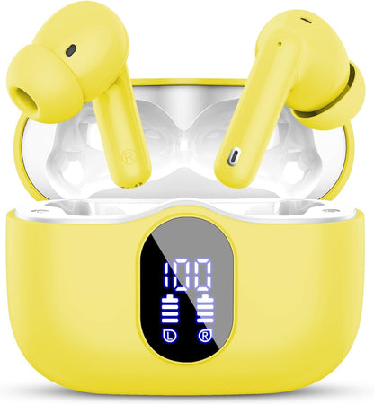 Wireless Earbuds, Bluetooth 5.4 Headphones Bass Stereo, Ear Buds with Noise Cancelling Mic, IP7 Waterproof in Ear Earphones, 36H LED Display Bluetooth Earbuds for Laptop Pad Phones Sports, Yellow