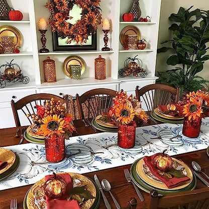 Fall Table Runner White Blue Pumpkin Table Runners Harvest Thanksgiving Blue Eucalyptus Leaves Cotton Linen Dresser Scarf Kitchen Dining Table Decor for Autumn Holiday Party Coffee 13x72 Inch