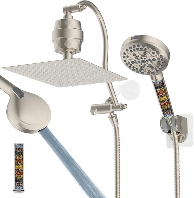 Hibbent All Metal 12'' Filtered Rainfall Shower Head Combo, High Pressure Handheld Shower Head with 12'' Adjustable Curved Extension Arm, 20 Stage Shower Filter, 10-spray, 71'' Hose, Brushed Nickel