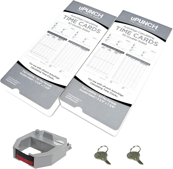 uPunch HN2500 Calculating Time Clock Bundle for Small Business: Auto Align Employee Time Tracking System with 100 Time Cards, Ribbon, and Keys