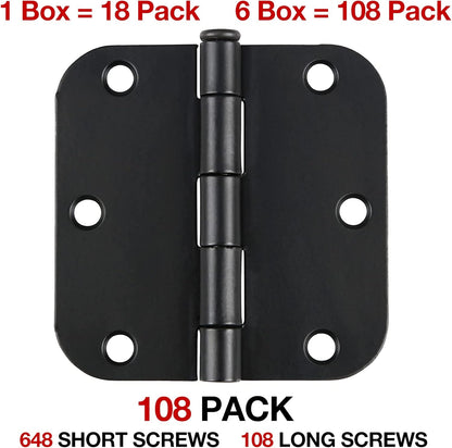 108 Pack Rounded Matte Black Door Hinges 3.5 Inch 5/8" Radius for Interior 3 1/2" Flat Iron Bifold Residential Standard Hinge Bedroom Indoor for Doors 3 ½"Hardware Heavy Duty Steel Regular Home Kit