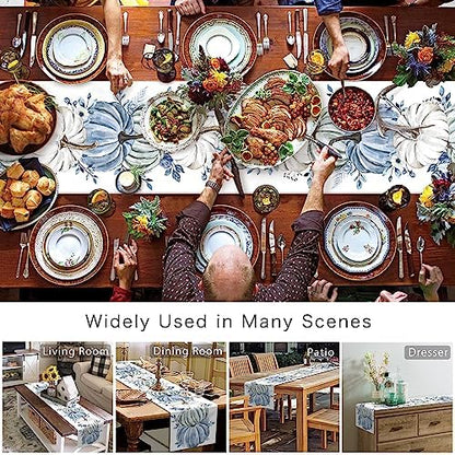 Fall Table Runner White Blue Pumpkin Table Runners Harvest Thanksgiving Blue Eucalyptus Leaves Cotton Linen Dresser Scarf Kitchen Dining Table Decor for Autumn Holiday Party Coffee 13x72 Inch