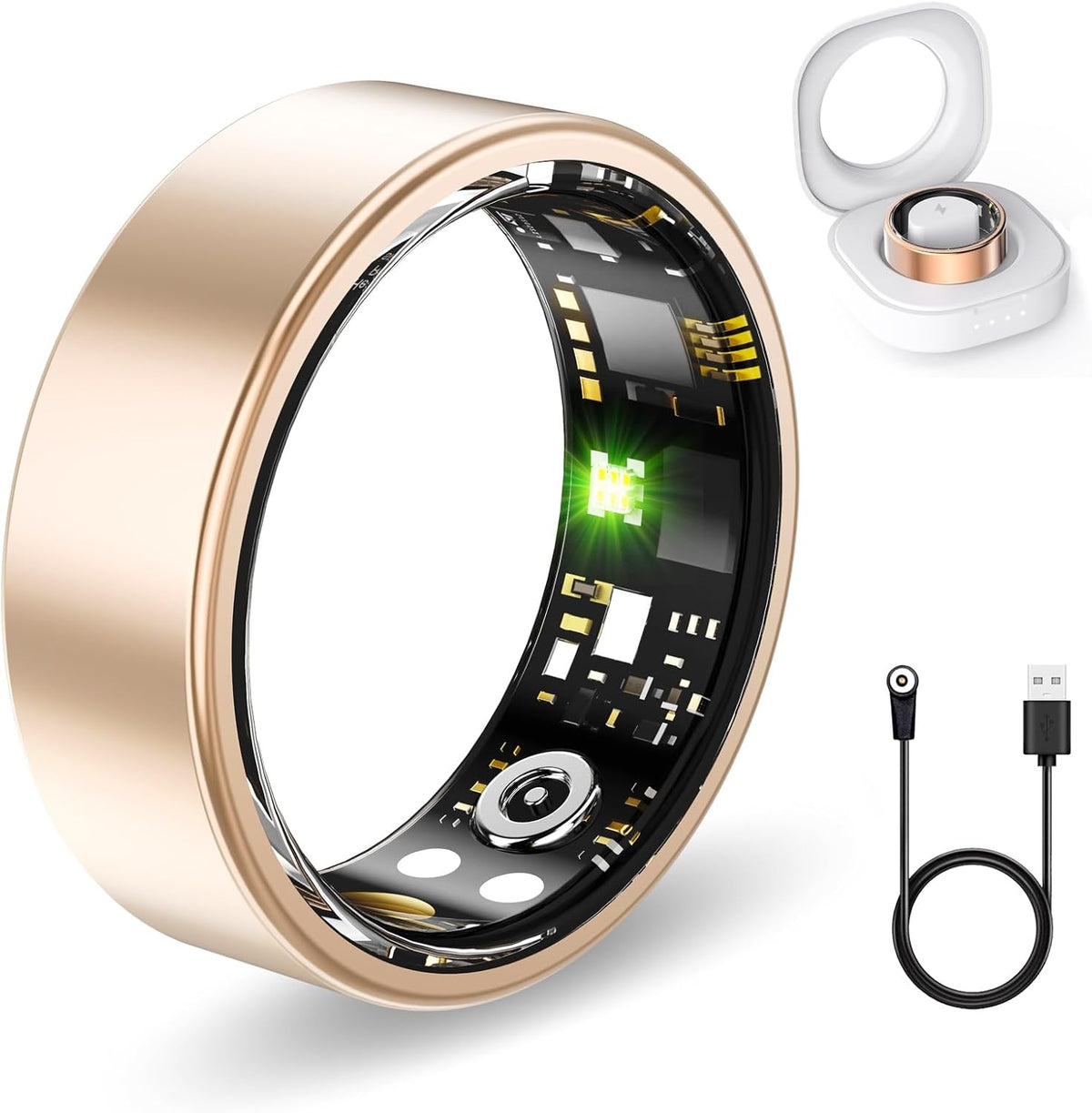 Smart Health Rings for Women Men, Fitness Tracker with Heart Rate, Blood Oxygen, HRV, Sleep Tracker, Step Tracker, No Subscription Fee, IP68 Waterproof Smart Ring for iphone & Android (Gold, 14#)