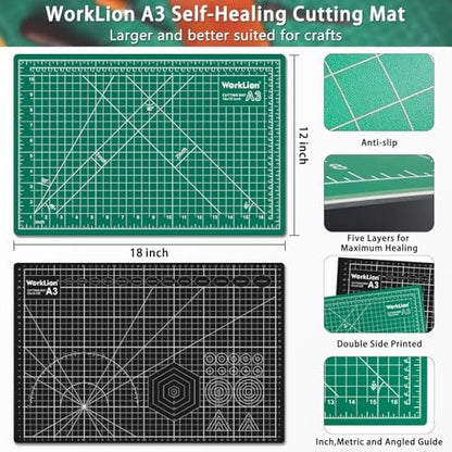 Worklion Self Healing Craft Mat: 18"x12" Rotary Cutting Mat for Sewing,Quilting,Leather,Craft,Fabric,Model,Art,Clay,5-layer 2-sided Cutting Mat, green and black
