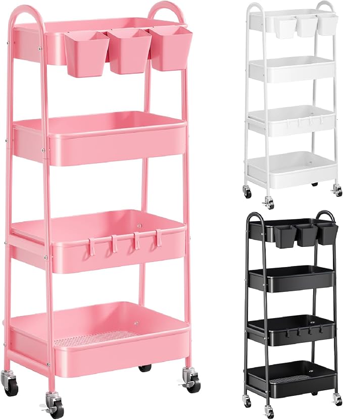 4 Tier Rolling Cart Metal with Lockable Wheels, Four Tiered Pink Trolley Cart on Wheels, Utility Storage Organizer Carts for Bathroom, Kitchen, Art, Craft, Baby Diaper Caddy, Snack, Makeup, Nail, Lash