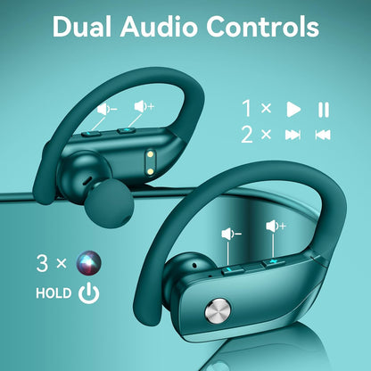 bmani Ear Buds Wireless Earbuds Bluetooth Headphones with 80H Playtime LED Display Case, Over-Ear Hook with Mic, Stereo Sound, Easy Button Controls, Sports Earphones for Running Workout Gym Green