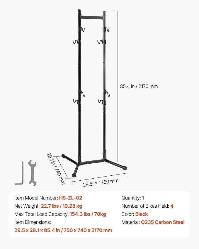 VEVOR Bike Stand for 2 Bikes, Freestanding Vertical Bike Storage Rack, with Height-Adjustable Hooks, Heavy-Duty Carbon Steel Standing Bicycle Floor Stand, Ideal for Garage, Apartment, Home, Black