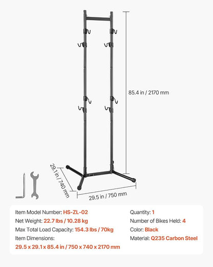 VEVOR Bike Stand for 2 Bikes, Freestanding Vertical Bike Storage Rack, with Height-Adjustable Hooks, Heavy-Duty Carbon Steel Standing Bicycle Floor Stand, Ideal for Garage, Apartment, Home, Black