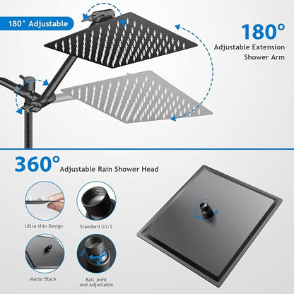 High/Low Pressure Water Rain Shower Head with 11 Inch Adjustable Extension Arm and 5 Settings Handheld Shower Head Combo,Powerful Shower Spray - Matte Black, 12 Inch