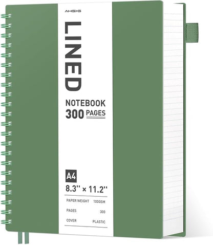 AHGXG Spiral Notebook College Ruled - Spiral Journal Perforated Notebook A4 8.5" x 11", 300 Pages Easy Tear Perforated Pages, 100GSM Thick Paper, Plastic Hardcover, for Writing Work School, Green