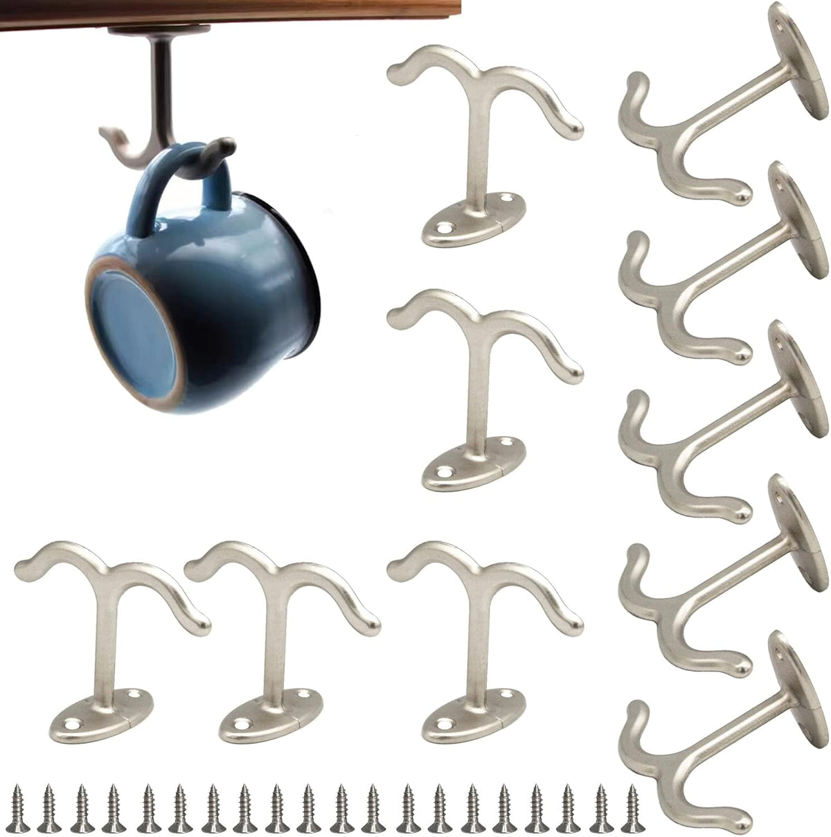 10 Pcs Zinc Alloy Ceiling Double Hook Cabinet Wardrobe Coat Towel Hat Hook Hooks Under Cabinet Shelf (Matte Silver)