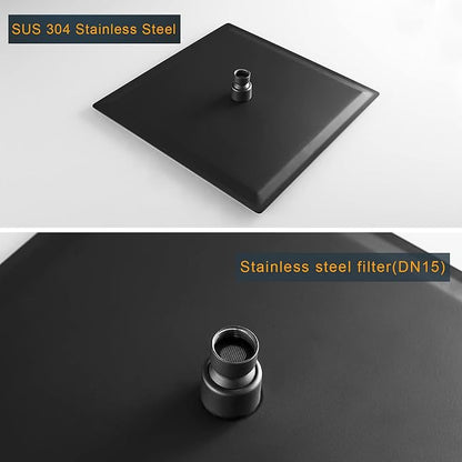 BESy 12 Inch Rain Shower Head, 12" Square Rainfall & High Pressure Stainless Steel Bath Showerhead, 1/16" Ultra Thin, Waterfall Full Body Coverage with Silicone Nozzle, Matte Black Finish