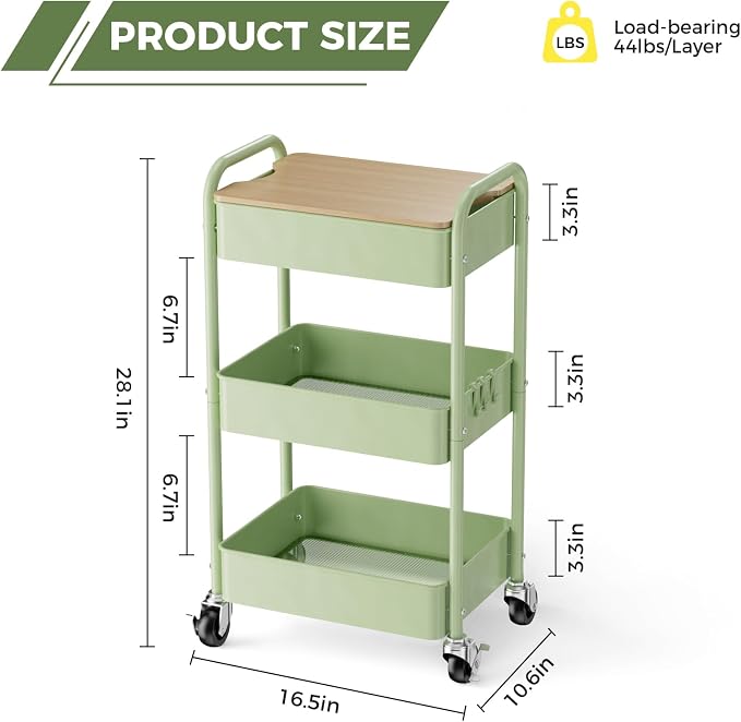 3 Tier Rolling Cart with Table top, Metal Rolling Utility Cart, Sturdy Storage Organizer Cart with Locking Wheels & Hooks for Office, Classroom, Kitchen and Bathroom