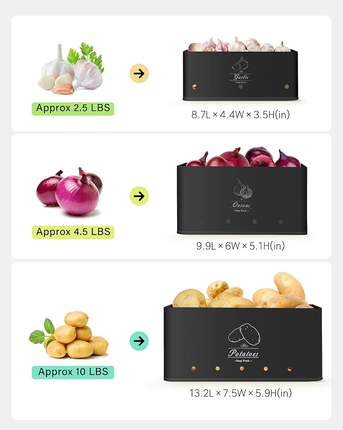 Kitchen Vegetable Storage Set of 3, Sturdy and Durable Storage Basket for Potato, Onion, Garlic, Fruit,Aerating Holes and Wooden Lid (black)