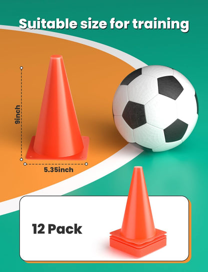 GHB Soccer Cones 7" 9" of 12 24 Pack Disc Soccer Sport Cones Training Field Marker Agility Cones for Basketball, Coaching, Practice Equipment Includes Drills Guide