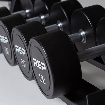 REP Fitness Urethane Coated Round Dumbbells, 5 to 100 lbs, Singles or Pairs, With or Without Rack, Steel Core, Rubber Encased, Chrome Handles, Professional Weights for Home Gym Strength Training