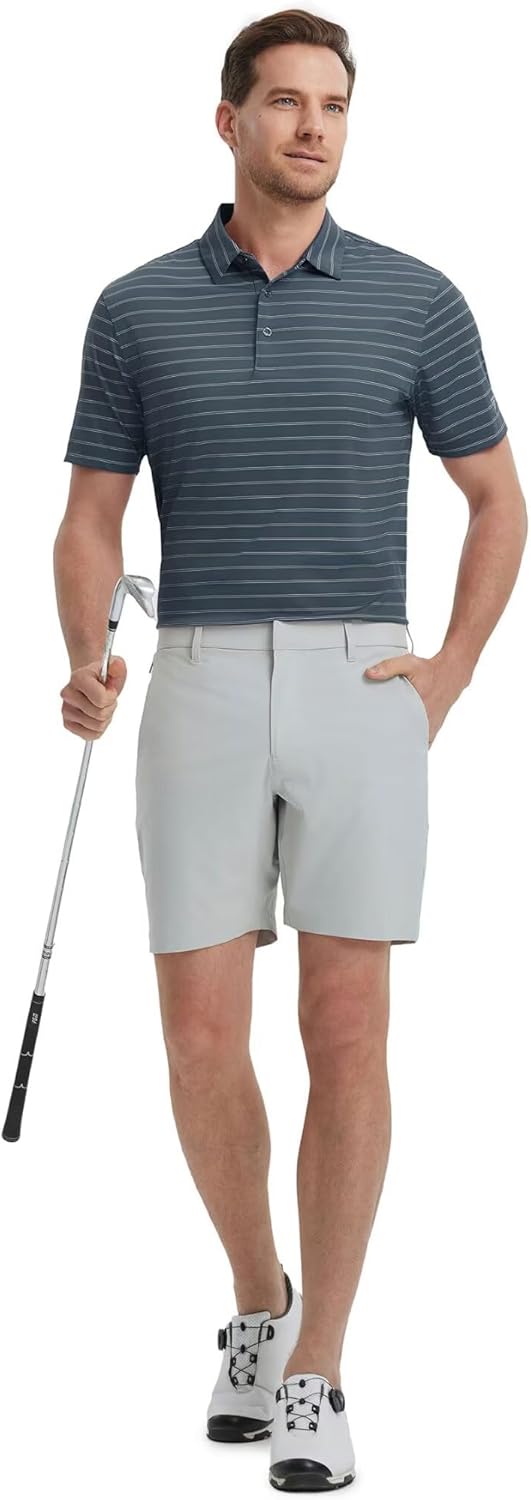 M MAELREG Mens Striped Golf Shirts Short Sleeve Silk-Like Touch Water-Resistant Breathable Soft Collared Polo Shirts for Men