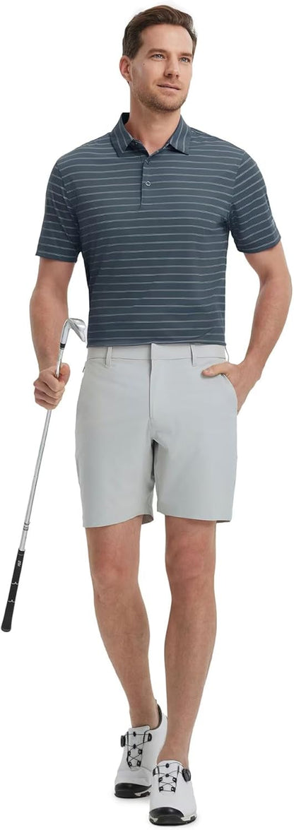 M MAELREG Mens Striped Golf Shirts Short Sleeve Silk-Like Touch Water-Resistant Breathable Soft Collared Polo Shirts for Men