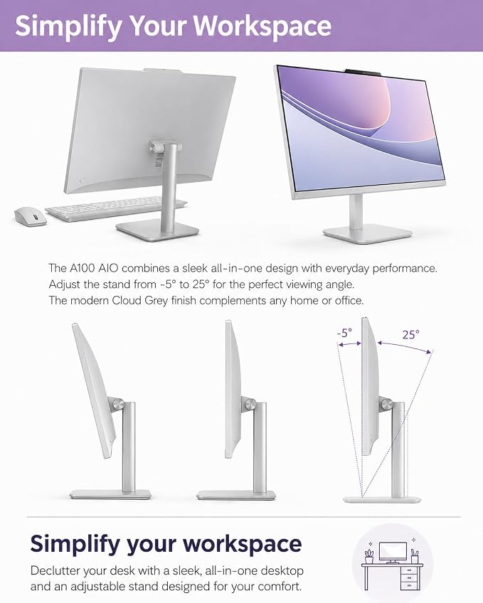 Lenovo 24" All-in-One Desktop Computer, Intel N100 Processor, 16GB RAM, 512GB SSD, FHD Display, Space-Saving Design for Home, Office &Business, Wi-Fi 6, HDMI Out, Windows 11, Wireless Keyboard & Mouse