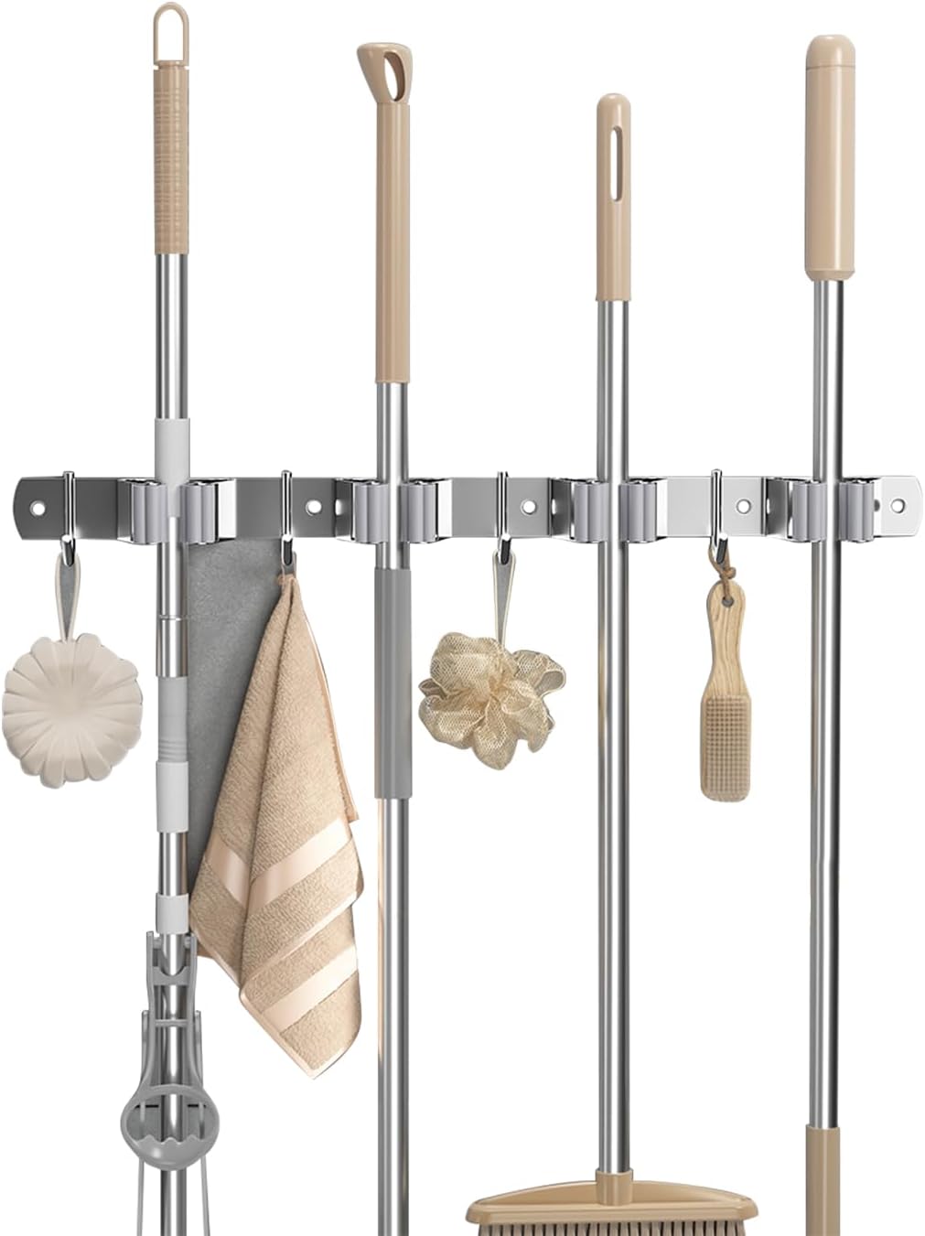 Broom Holder Wall Mount Organizer: Mop and Broom Holder Wall Mount Garage Wall Organizer, Stainless Steel Heavy Duty Garden Tool Organizer Storage Rack for Home Kitchen Garden Laundry, 4 Racks 4 Hooks