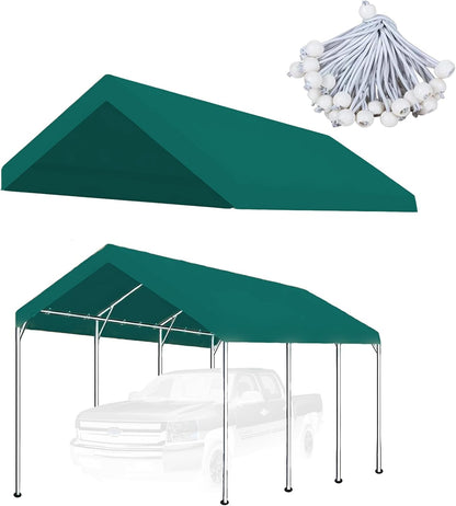 10'x20' Carport Replacement Top Canopy Cover for Car Garage Top Tarp Shelter, Waterproof Car Cover Tent for Party Garden Boat with Ball Bungees (Frame is not Included) (Greem, 10' x 20')