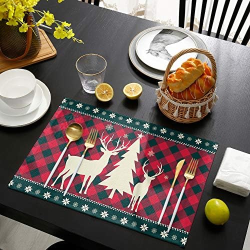 Christmas Trees Reindeer Elk Placemats Set of 6, Red Holiday Buffalo Checkered Plaid Cotton Line Stain Resistant Table Mats Washable Holidays Placemat Decoration For Kitchen Dining Table Farmhouse