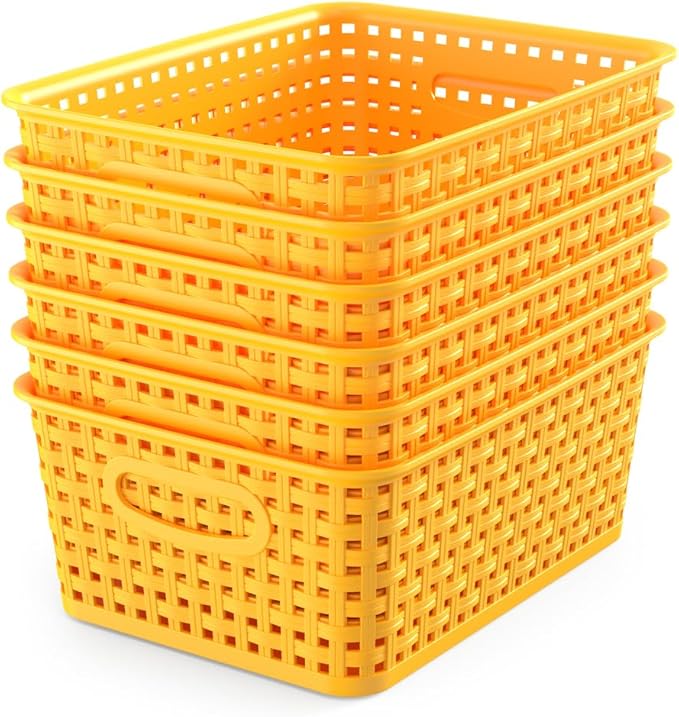 WYT 6-Pack Plastic Small Shelf Storage Weave Baskets Organizing for Cabinets and Pantries, Yellow