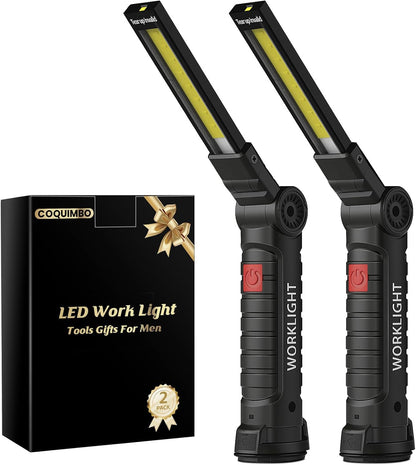 Coquimbo Tool Gifts for Men Dad Him Husband, Rechargeable LED Work Light BBQ Grill Light Accessories with Magnetic Base, 360° Rotate Mechanic Flashlight Stocking Stuffers for Men Adults (2 Pack Black)