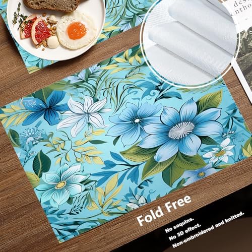 Batmerry Floral Light Blue Linen Placemats Set of 8, Blue Green Floral Washable Table Mats for Kitchen Table Thickened Heat Insulation Dining Set Indoor Outdoor 12X18 in