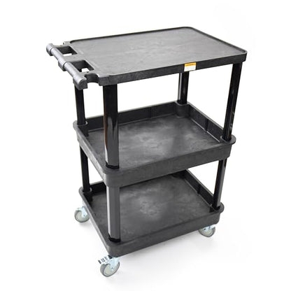Pearington 3-Shelf Multipurpose Mobile Utility Cart with 2 Bins and Lockable Wheels, Heavy-Duty Plastic Rolling Presentation Cart for Offices and Warehouses, Black