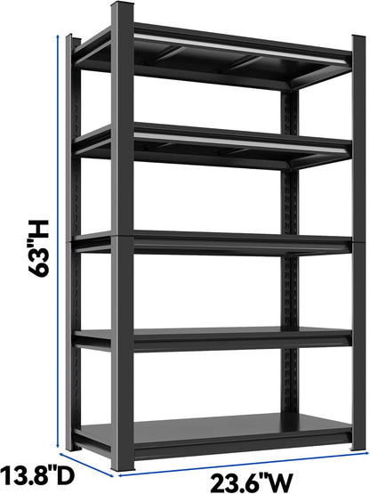 63"H Garage Shelving Heavy Duty Rack, 3000 LBS Large Capacity 5 Tier Adjustable Storage Shelves, Metal Industrial Shelf Units for Garage, Basement and Warehouse, 63"H×23.6"W×13.8"D, Black