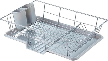 Space-Saving 3-Piece Dish Drainer Rack Set with Cutlery Holder - Maximize Kitchen Countertop Space, Silver