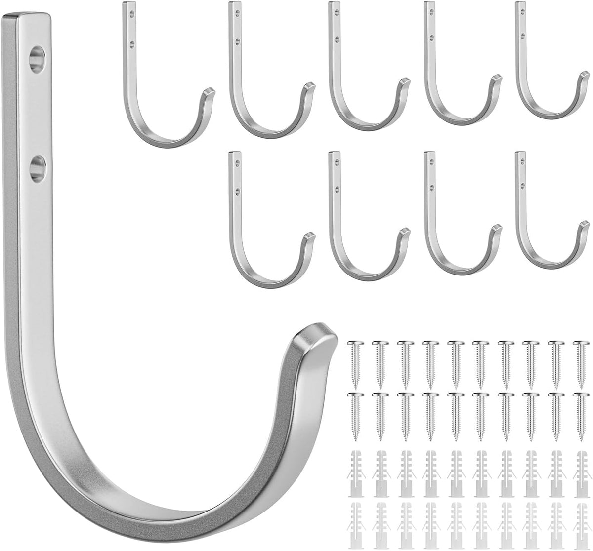 10-Pack Wall Hooks for Hanging Towel/Coat - 22LB Screw in Metal Hanger Wall Mount, for Outdoor, Closet, Door, Bathrooms, for Backpack, Robe, Silver