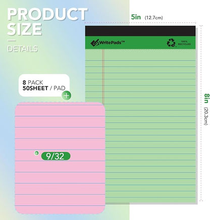KAISA Colored Legal Pads - 5"x8" Narrow Ruled, 50 Sheets/Pad (8 Pads), Recycled Paper Writing Pad with Sturdy Back, Small Size for Easy Organization and Portability, KSU-6887