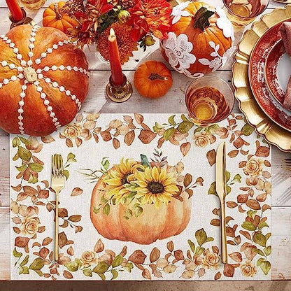 Boho Fall Placemats Set of 4, Thanksgiving Watercolor Pumpkins Heat Resistant Washable Table Place Mats Sunflowers Eucalyptus Table Linens Party Holiday Decor for Home Kitchen Dining Outdoor Indoor,