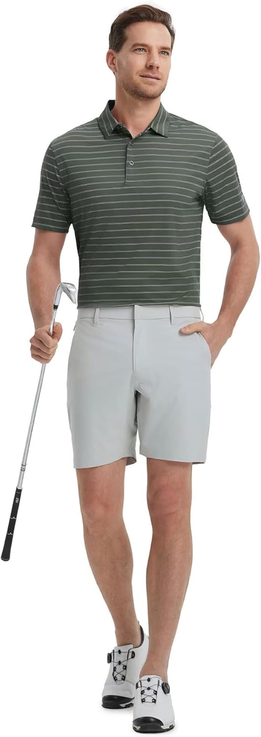 M MAELREG Mens Striped Golf Shirts Short Sleeve Silk-Like Touch Water-Resistant Breathable Soft Collared Polo Shirts for Men
