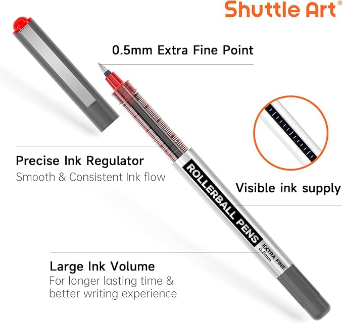 Shuttle Art RollerBall Pens, 25 Pack Red Fine Point Roller Ball Pens, 0.5mm Liquid Ink Pens for Writing Journaling Taking Notes School Office