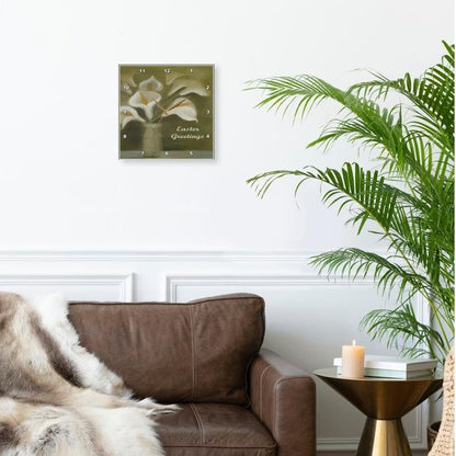 3dRose Wall Clock Silent - 10 inch - Ten White Calla Lilies in a vase on sage Green with Easter Greeting - Acrylic Painting - Easter Greetings