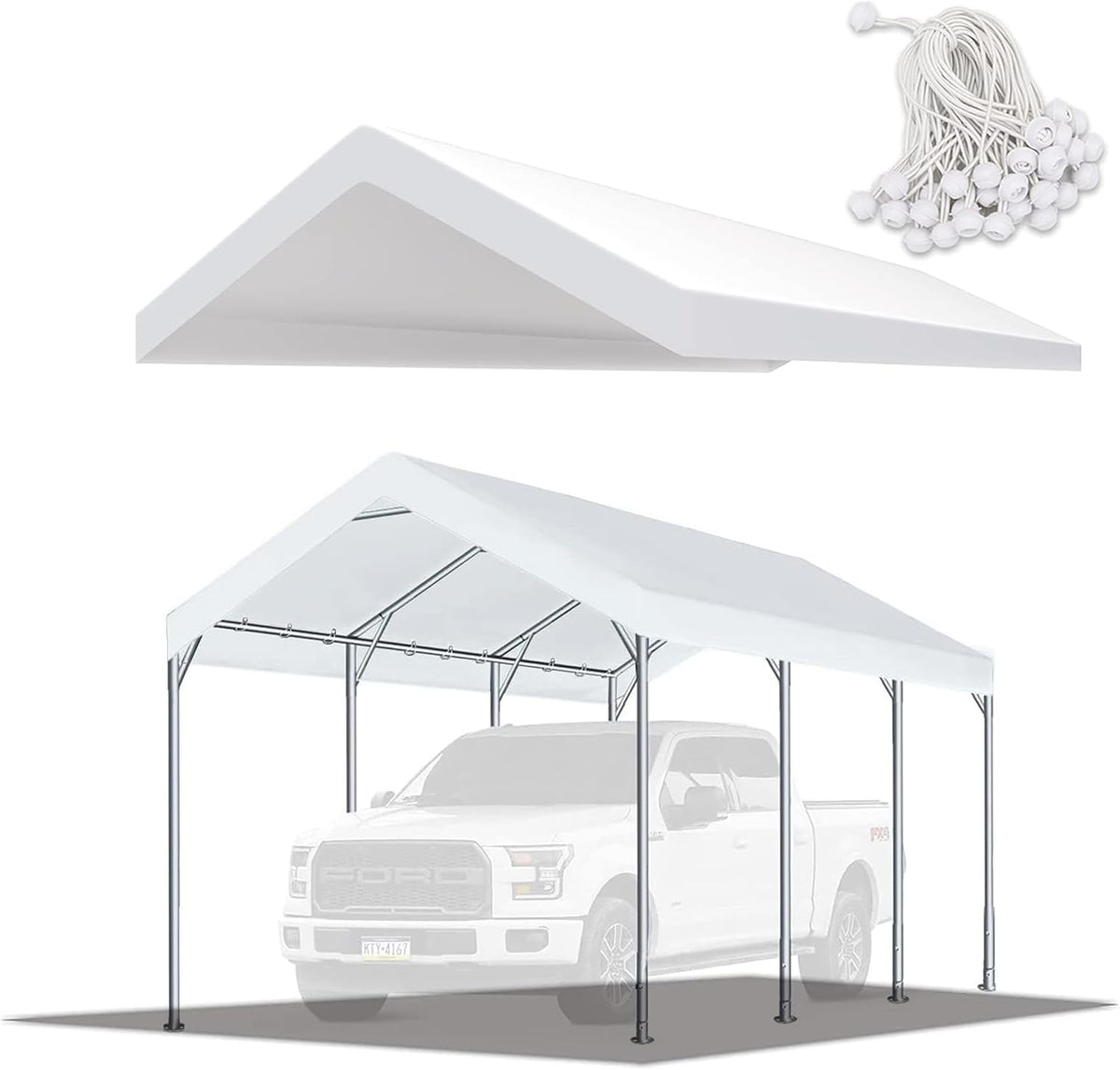 10' x20' Upgraded Carport Replacement Canopy Cover for Car Garage Shelter Party Tent with Ball Bungees White (Only Top Cover, Frame is not Included)