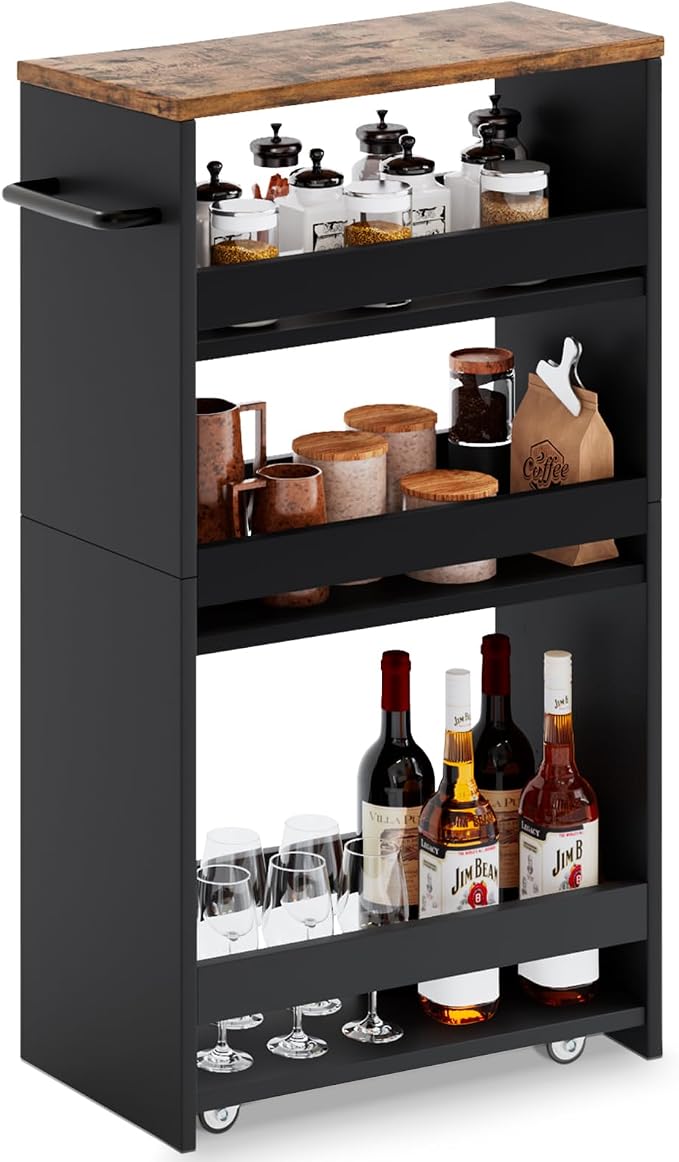 MARTY Rolling Storage Cart 7.9" W, 4-Tier Kitchen Cart with Wheels Handle, Slim Storage Cart Mobile Shelving Utility Carts for Bathroom Laundry Room Organization Narrow Places (Black)
