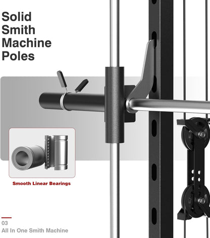DONOW Smith Machine with Weight Stacks Power Cage Squat Rack Dual Cable Crossover Machine Home Gym Systems Station LAT Pull Down