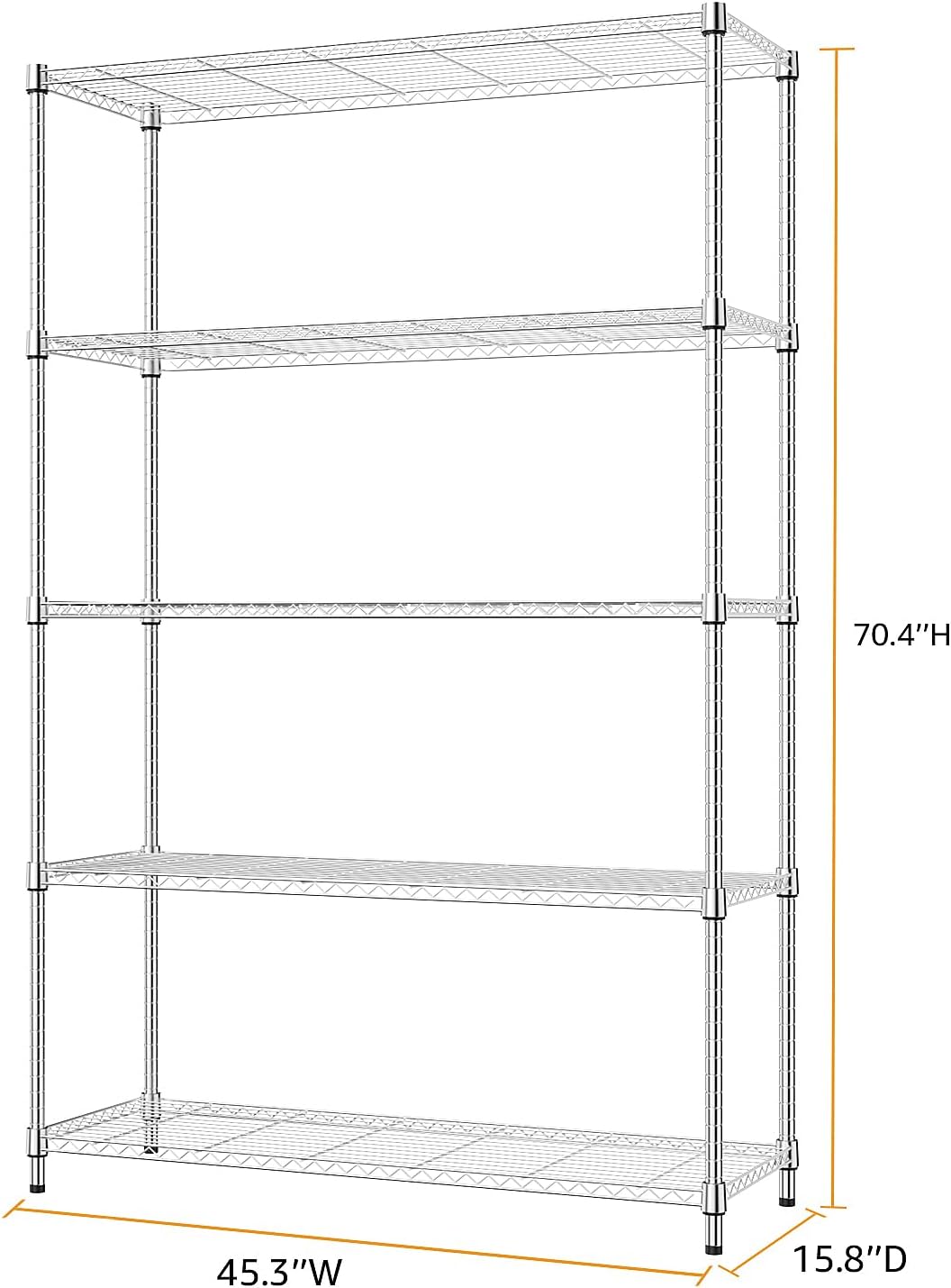 MZG 1750 lbs 5 Tier Storage Rack Metal Wire Shelving Unit, Storage Standing Household Shelf Organizer for Kitchen Pantry Closet Garage Basement Utility Room, Chrome 15.8" D x 45.3" W x 70.4" H