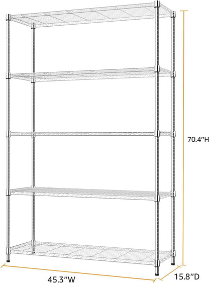 MZG 1750 lbs 5 Tier Storage Rack Metal Wire Shelving Unit, Storage Standing Household Shelf Organizer for Kitchen Pantry Closet Garage Basement Utility Room, Chrome 15.8" D x 45.3" W x 70.4" H