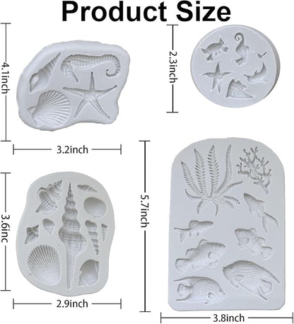 4PCS Marine Theme Fondant Silicone Mold Seaweed Sea Fish Crab Coral Conch Sea Shells Shape DIY Handmade Baking Tools, For Theme Cake Cookie Chocolate Candy Decoration Fondant Polymer Clay