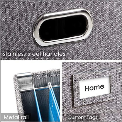PRANDOM File Organizer Box - Set of 1 Collapsible Decorative Linen Filing Storage Hanging File Folders with Lids Office Cabinet Letter/Legal Size Grey (17x14x11.2 inch)