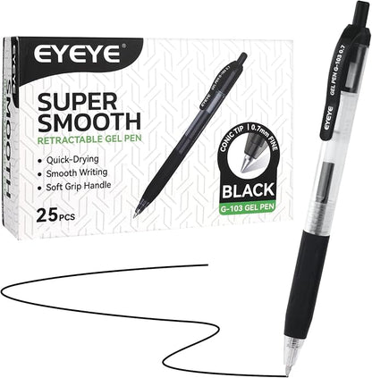 EYEYE G-103 Retractable Gel Pens Black 0.7mm, 25 Pack Medium Point Gel Ink Pens Quick Drying, 0.7 mm Fine Piont Ballpoint Pen Smooth Writing for Office School Supplies