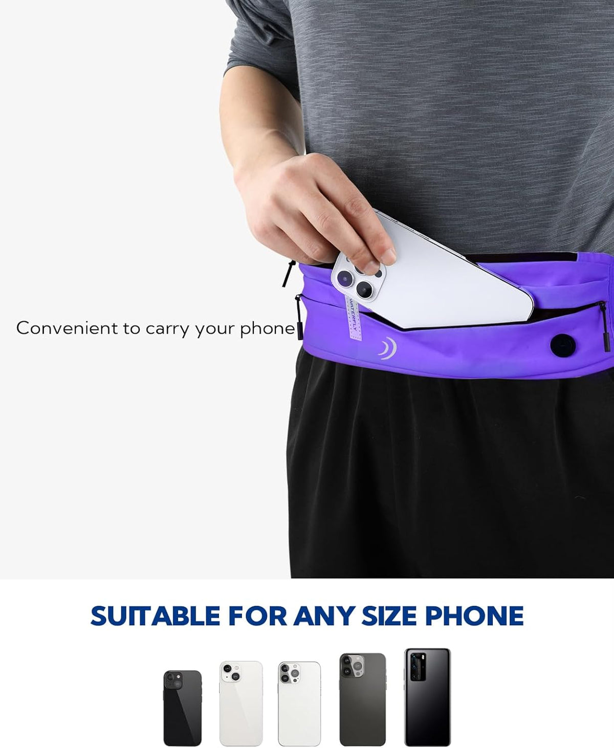 WATERFLY Running Belt Fanny Pack: Runner Marathon Jogging Waist Pack Sport Workout Exercise Fitness Phone Holder Belt for Men Women Jogger Slim Waistband